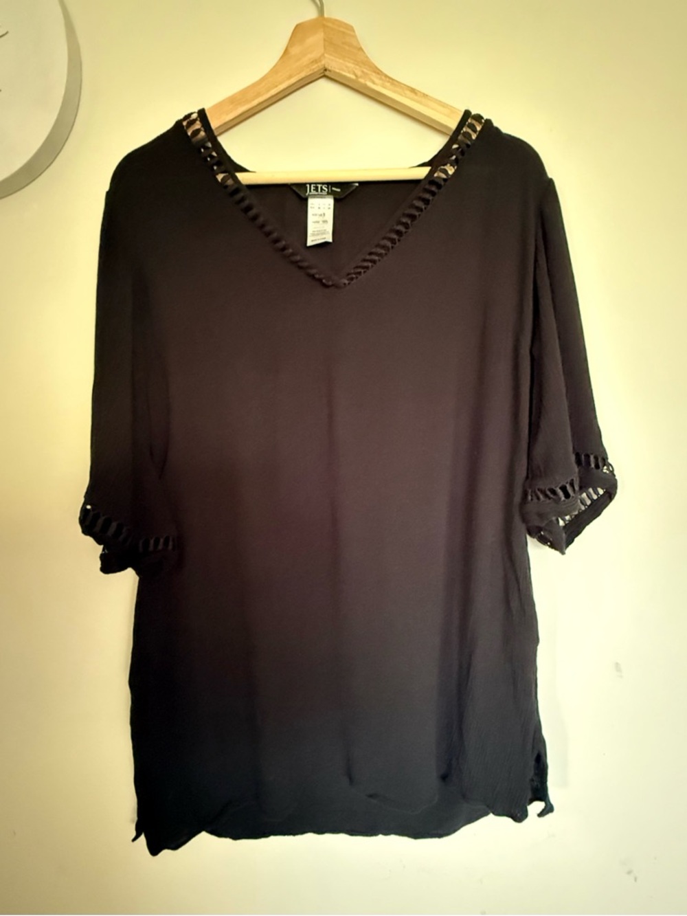 Women's Black V-Neck Crochet-Trim Tunic